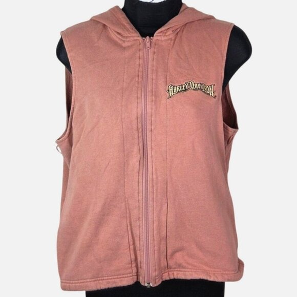 Harley-Davidson Jackets & Blazers - Harley-Davidson Womens Pink Hooded Sleeveless Zip-Up Vest L Cotton